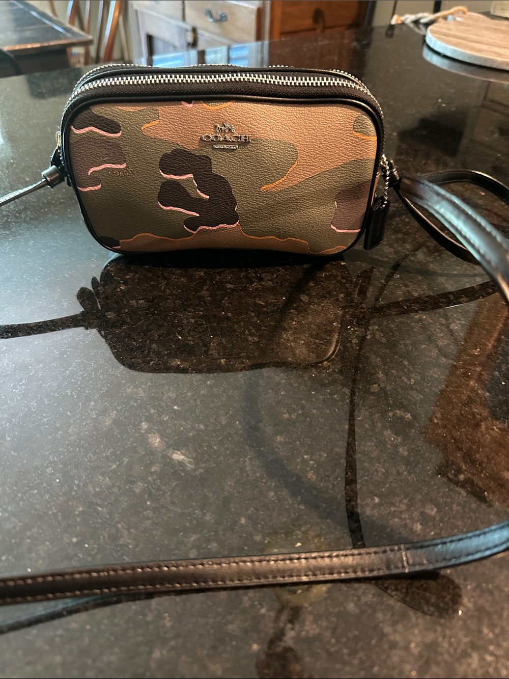 Coach Camouflage Leather Crossbody in Olive, Black & Pink Accent